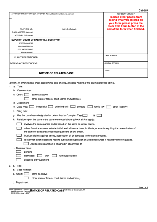 Fillable Form Cm-015 - Notice Of Related Case - Superior Court Of California Printable pdf