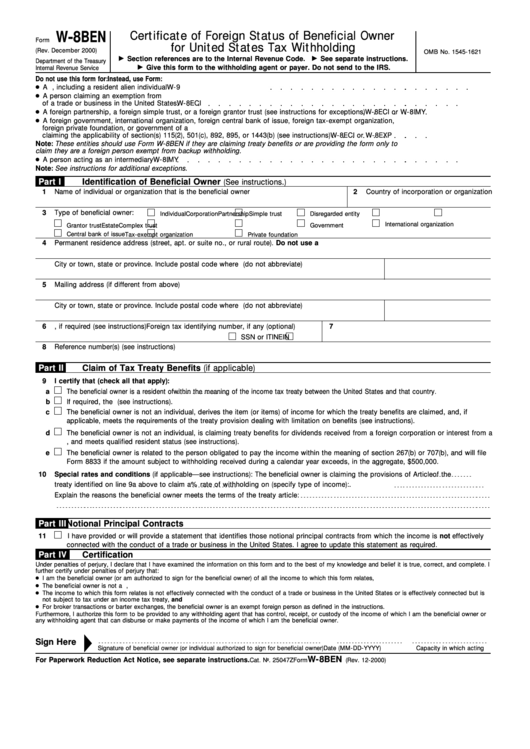 Form W-8ben - Certificate Of Foreign Status Of Beneficial Owner For United States Tax Withholding - 2000 Printable pdf