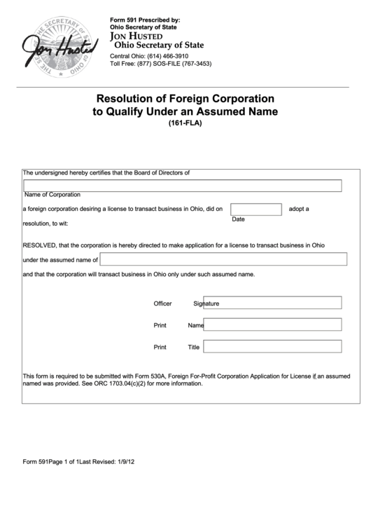 Form 591 - Resolution Of Foreign Corporation To Qualify Under An Assumed Name Printable pdf