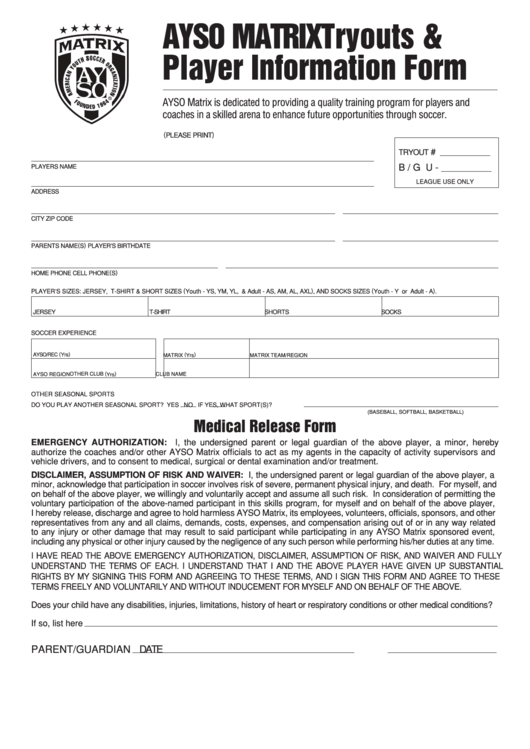 Fillable Ayso Matrix Tryouts & Player Information Form Printable pdf