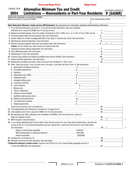 Fillable California Schedule P (540nr) - Alternative Minimum Tax And Credit Limitations - Nonresidents Or Part-Year Residents - 2004 Printable pdf