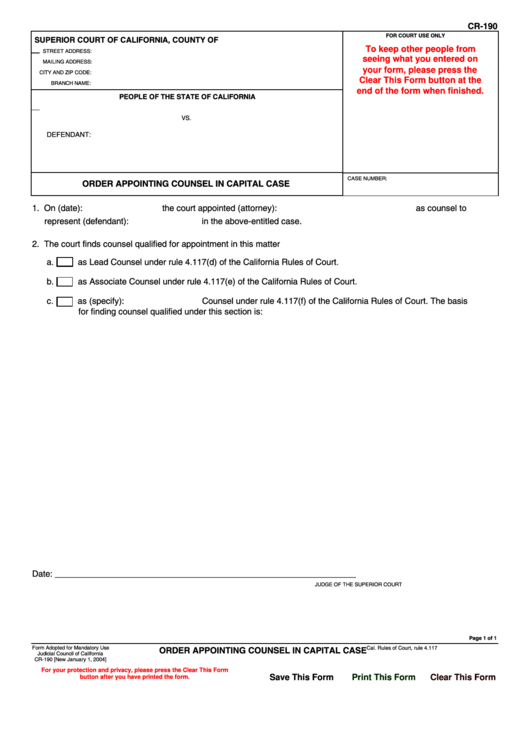 Fillable Form Cr-190 - Order Appointing Counsel In Capital Case - Superior Court Of California Printable pdf