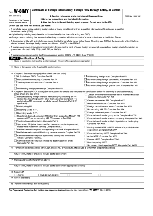 Form W-8imy - Certificate Of Foreign Intermediary, Foreign Flow-through Entity, Or Certain U.s. Branches For United States Tax Withholding And Reporting - 2017