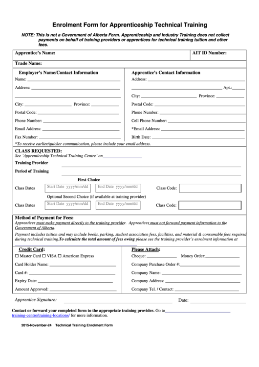 Enrolment Form For Apprenticeship Technical Training - Technical Training Enrolment Form - Alberta, Canada Printable pdf