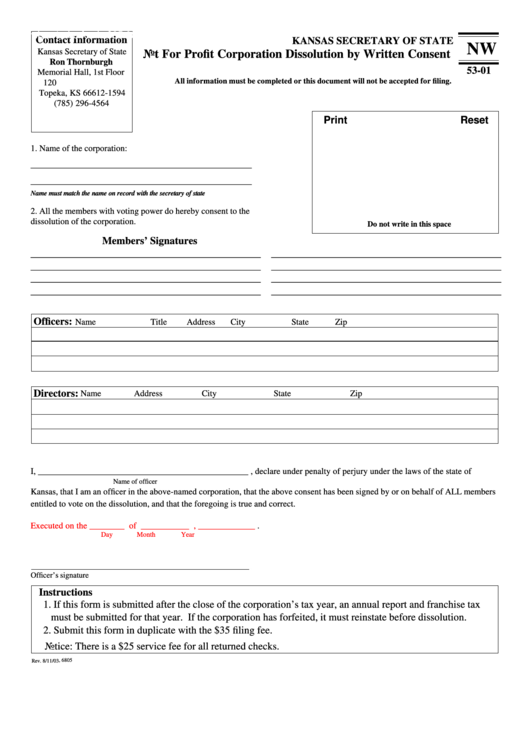 Fillable Form Nw 53-01 - Not For Profit Corporation Dissolution By Written Consent - Kansas Secretary Of State Printable pdf