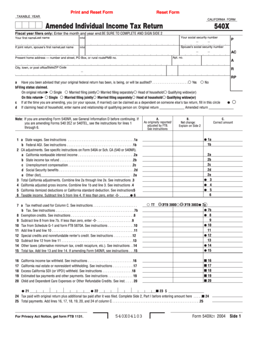 Fillable California Form 540x - Amended Individual Income Tax Return - 2004 Printable pdf