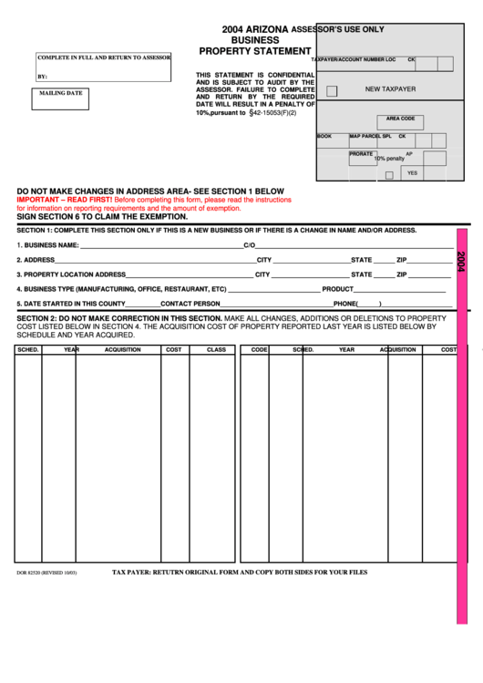 Form Dor 82520 - Arizona Business Property Statement - 2004 Printable pdf