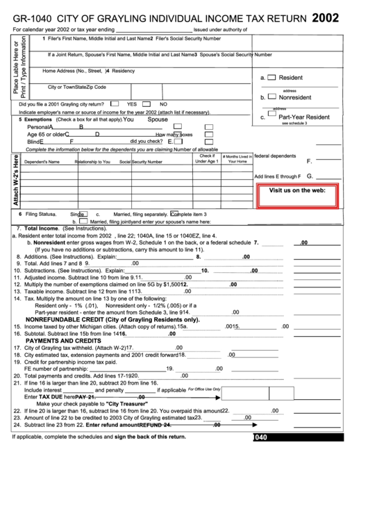 Form Gr-1040 - City Of Grayling Individual Income Tax Return - 2002 Printable pdf