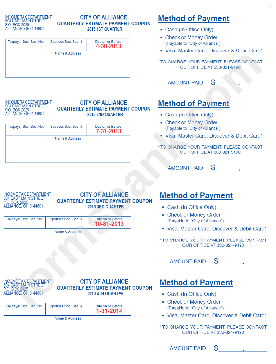 Quarterly Estimate Payment Coupon - City Of Alliance - 2013 printable ...