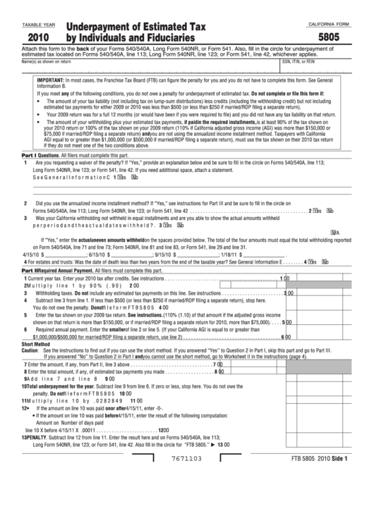 Fillable California Form 5805 - Underpayment Of Estimated Tax By Individuals And Fiduciaries - 2010 Printable pdf