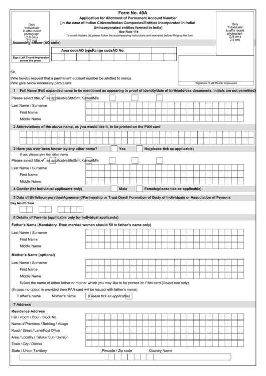 Form 49a - Application For Allotment Of Permanent Account Number Printable pdf