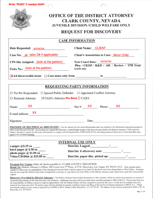 Request For Discovery - Office Of The District Attorney Of Clark County Printable pdf