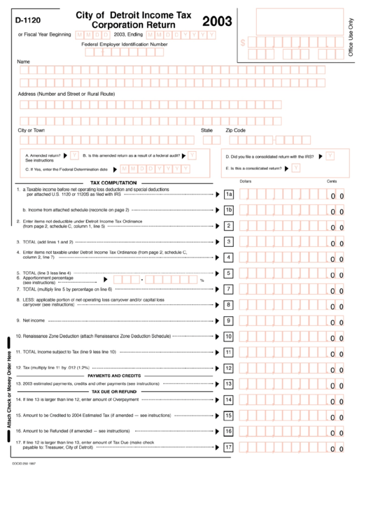 Form D-1120 - Income Tax Corporation Return - City Of Detroit - 2003 Printable pdf