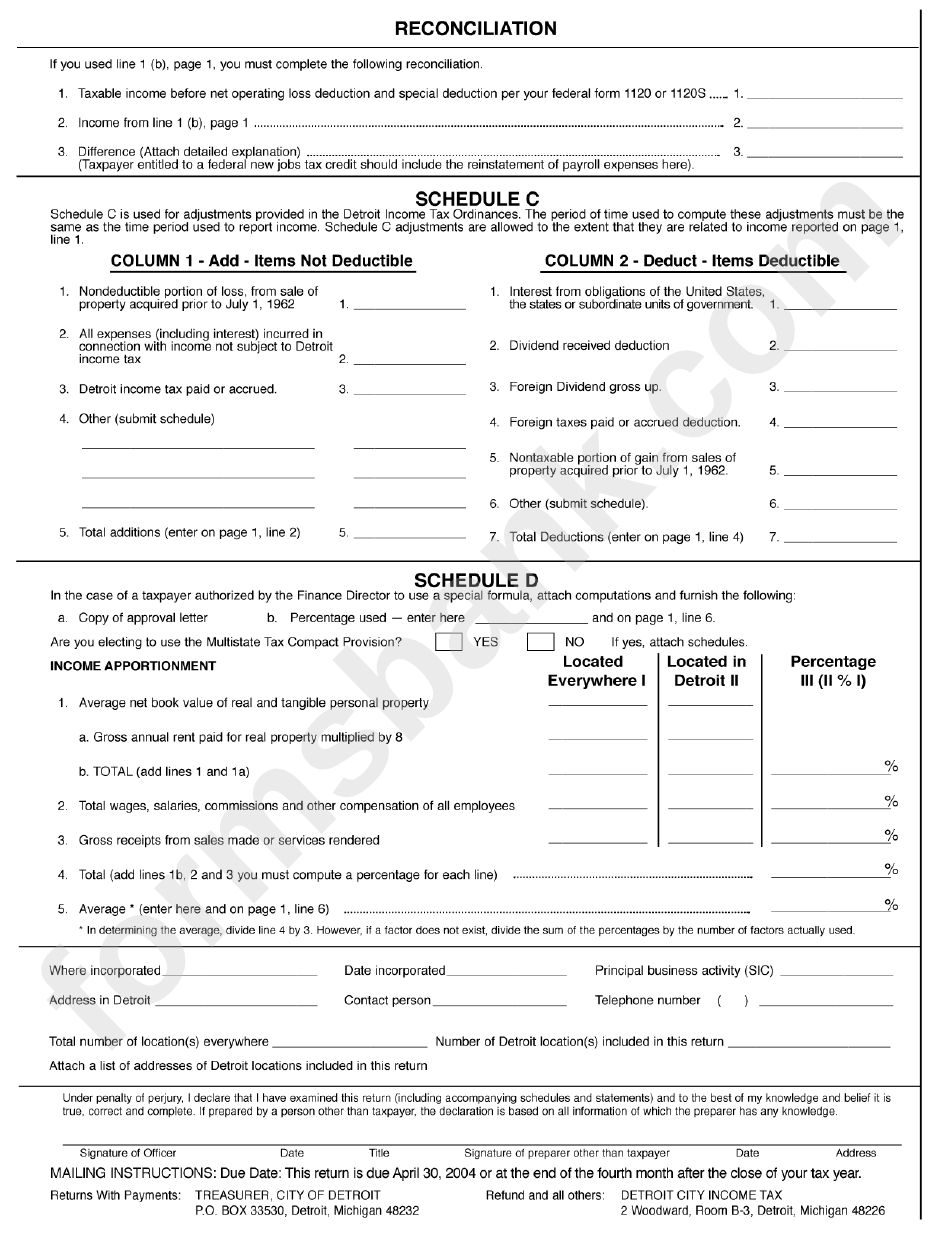Form D-1120 - Income Tax Corporation Return - City Of Detroit - 2003