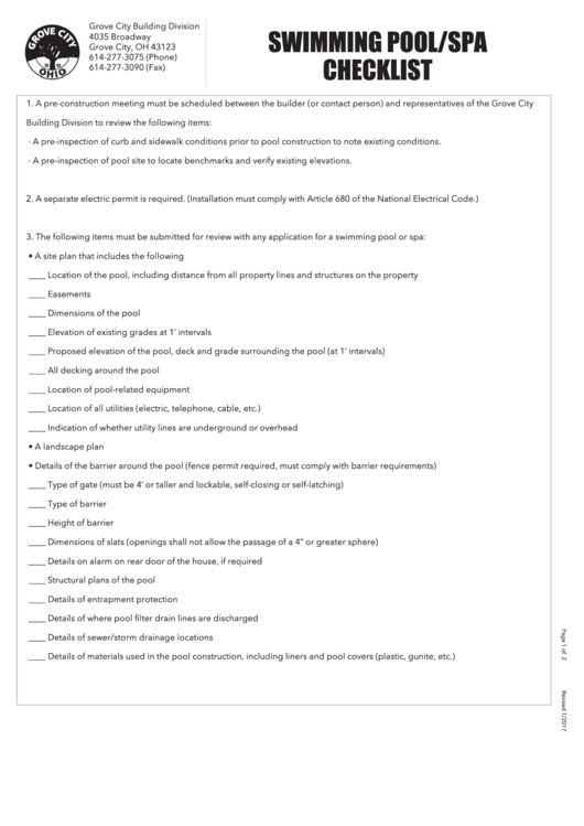 Swimming Pool/spa Checklist And Door Protective Verification Form
