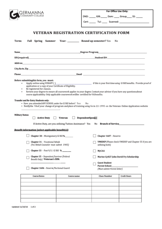 Fillable Veteran Registration Certification Form Printable pdf