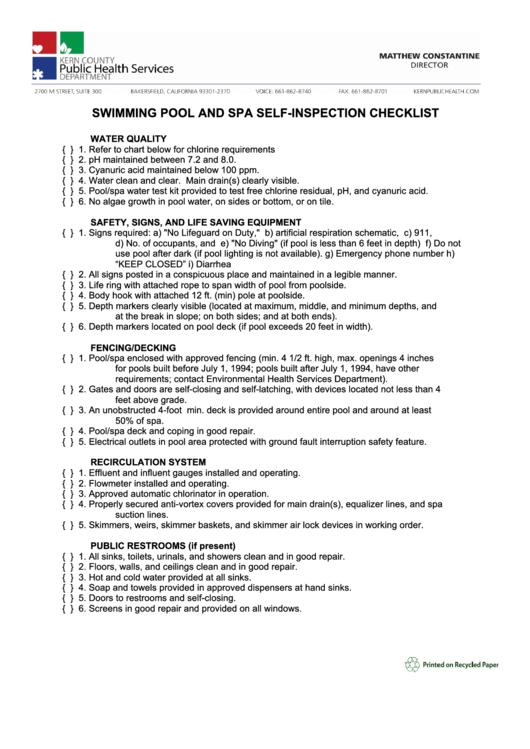 Swimming Pool And Spa Self-Inspection Checklist Printable pdf