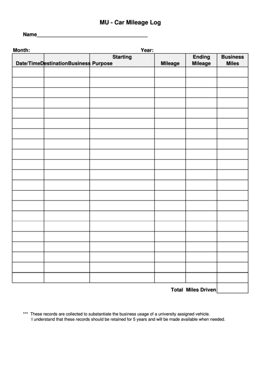 Car Mileage Log Sheet Printable pdf