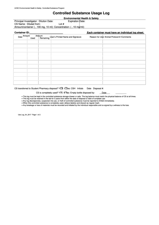 Free Printable Controlled Substance Log Printable Templates