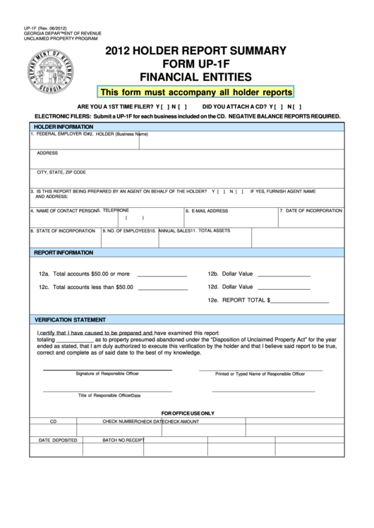 Fillable Form Up-1f - 2012 Holder Report Summary - Financial Entities Printable pdf