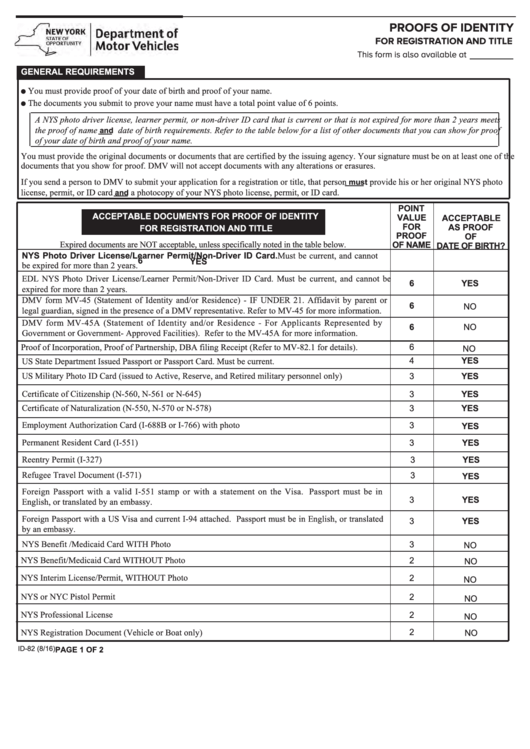 Information For Form Id-82 - Proofs Of Identity For Registration And Title Printable pdf