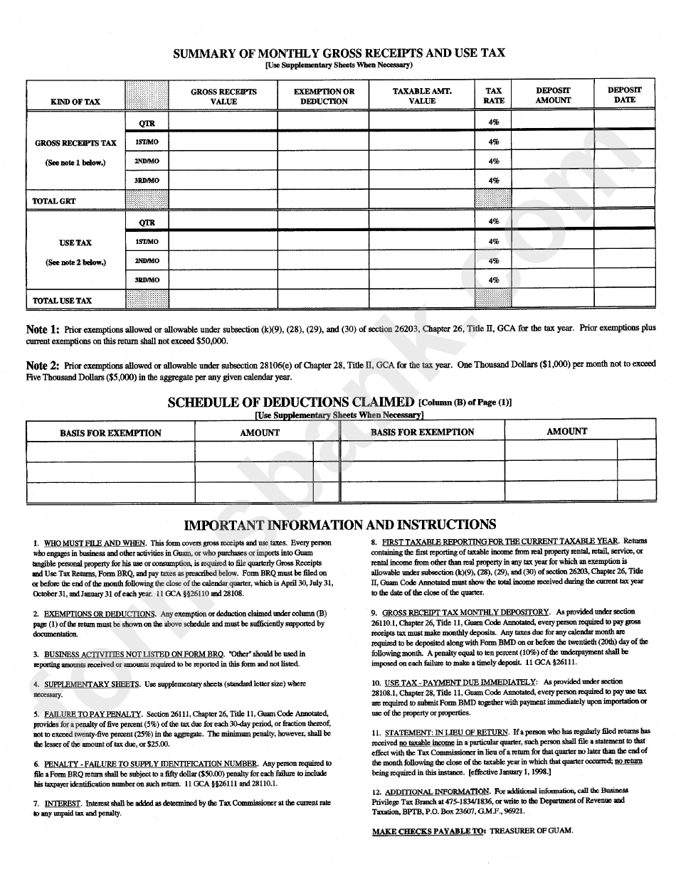 Form Brq - Summary Of Monthly Gross Receipts And Use Tax - Guam Department Of Revenue And Taxation