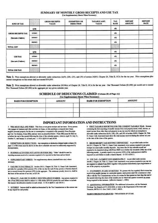 Form Brq - Summary Of Monthly Gross Receipts And Use Tax - Guam Department Of Revenue And Taxation Printable pdf