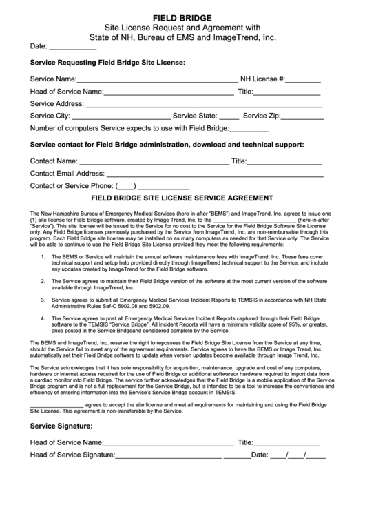 Fillable Field Bridge Site License Service Agreement Printable pdf
