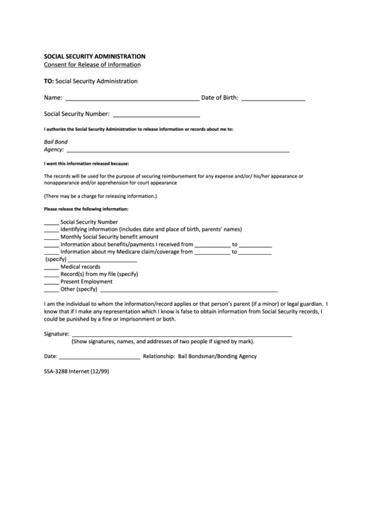 Form Ssa-3288 - Consent For Release Of Information