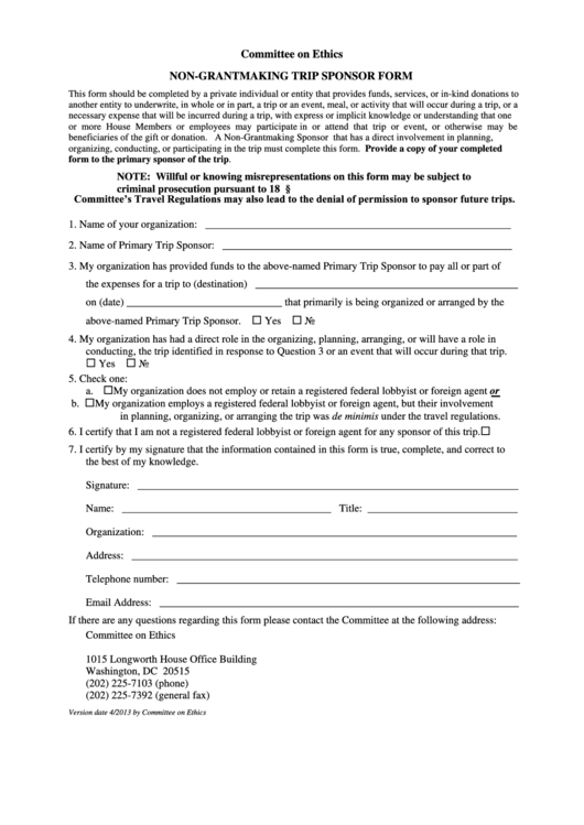 Fillable Non-Grantmaking Tripsponsor Form - U.s. House Of Representatives Committee On Ethics Printable pdf