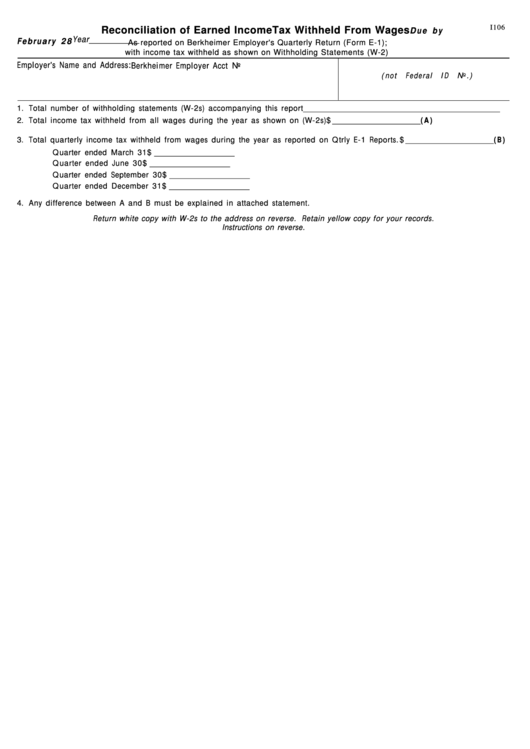 Form I106 - Reconciliation Of Earned Income Tax Withheld Wages Printable pdf