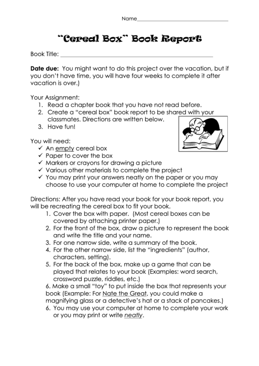 "Cereal Box" Book Report For School Project Printable pdf