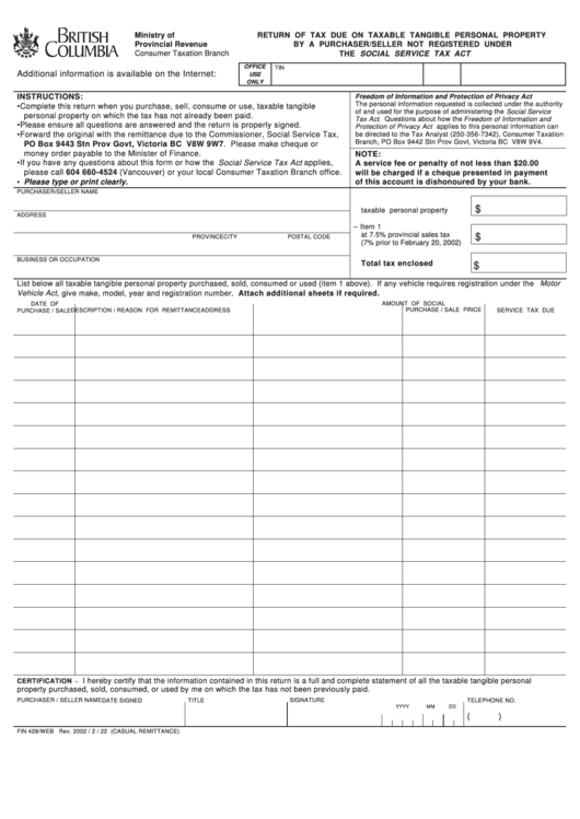 Form Fin 428/web - Return Of Tax Due On Taxable Tangible Personal Property By A Purchaser/seller Not Registered Under The Social Service Tax Act Printable pdf