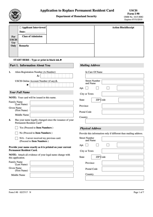 Fillable Form I-90 - Application To Replace Permanent Resident Card - Department Of Homeland Security Printable pdf