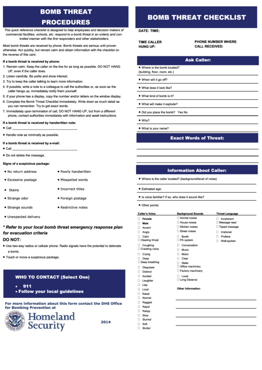 Bomb Threat Checklist - Department Of Homeland Security - 2014 Printable pdf