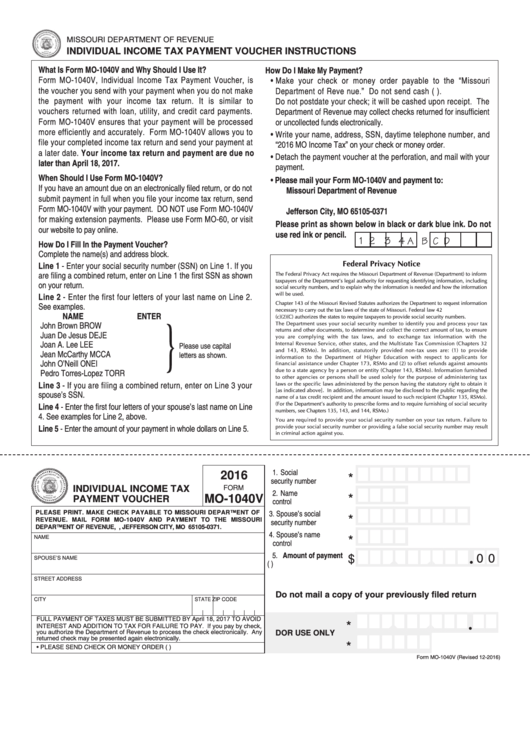 Form Mo-1040v - Individual Income Tax Payment Voucher - 2016