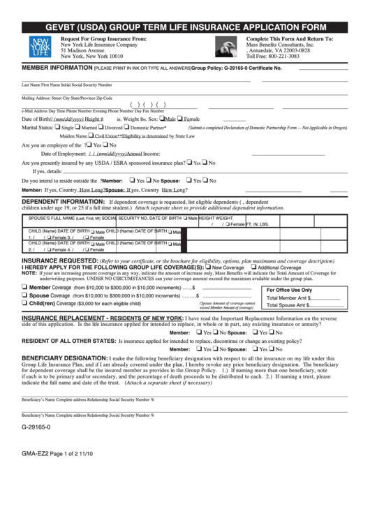 Fillable Gevbt (Usda) Group Term Life Insurance Application Form printable pdf download