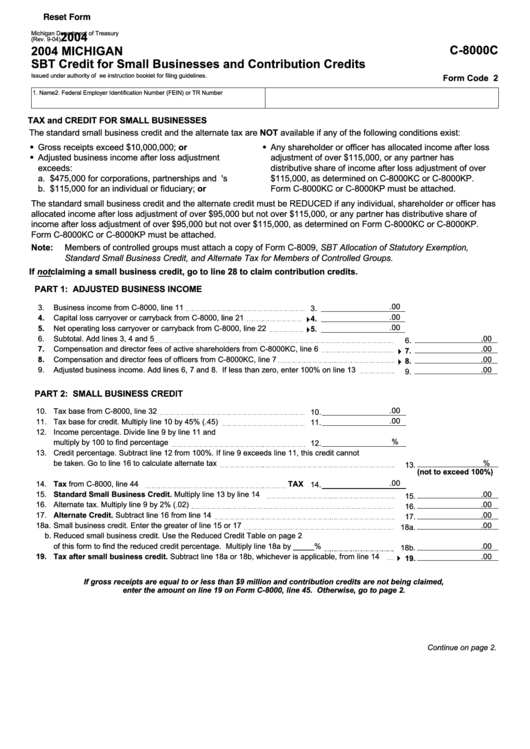 Fillable Form C-8000c - Michigan Sbt Credit For Small Businesses And Contribution Credits - 2004 Printable pdf