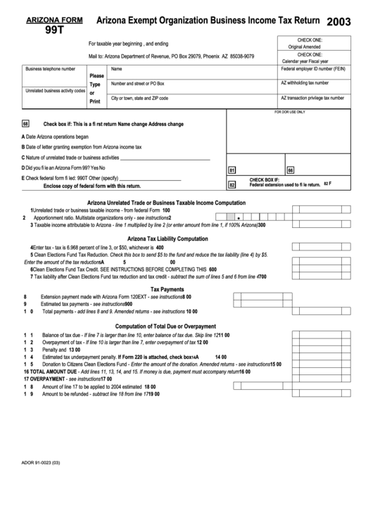 Fillable Form 99t - Arizona Exempt Organization Business Income Tax Return - 2003 Printable pdf
