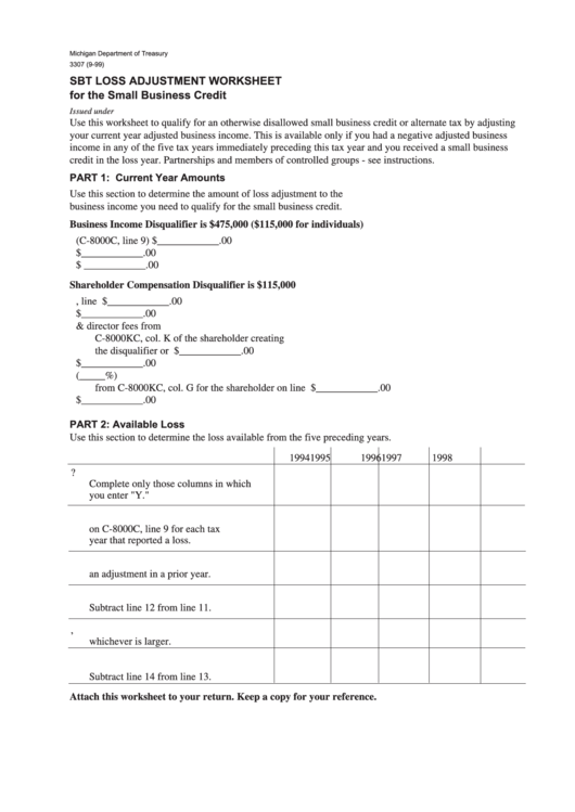 Form 3307 - Sbt Loss Adjustment Worksheet For The Small Business Credit - 1999 Printable pdf