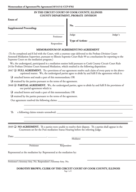 Form Ccp 0702 - Memorandum Of Agreement/no Agreement Printable pdf