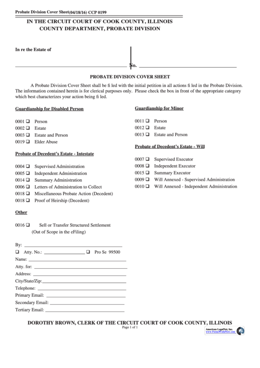 Form Ccp 0199 - Probate Division Cover Sheet