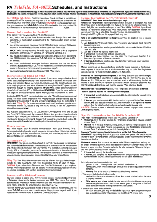 Instructions For Form Pa Telefile, Pa40ez printable pdf download