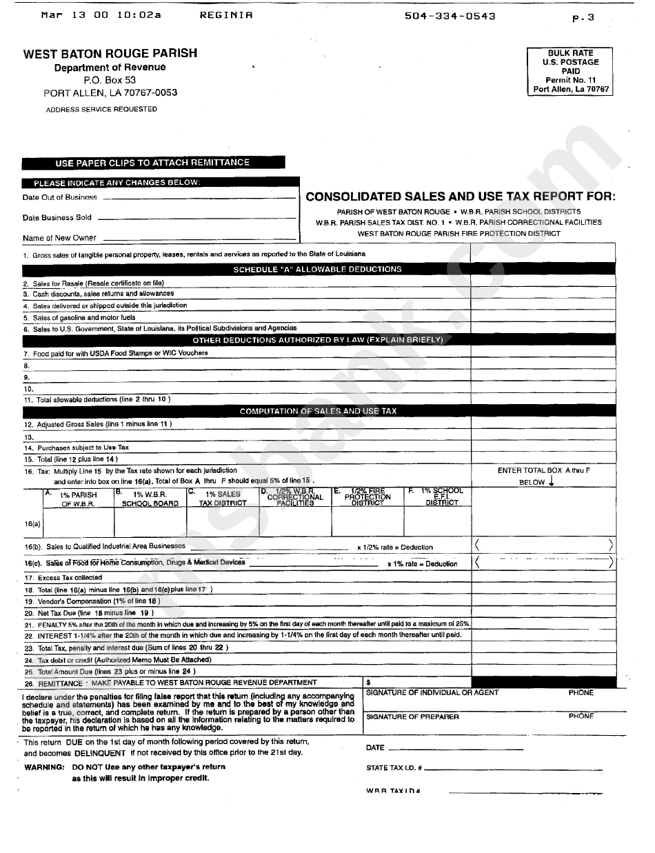 Consolidated Sales And Use Tax Report Form - Louisiana