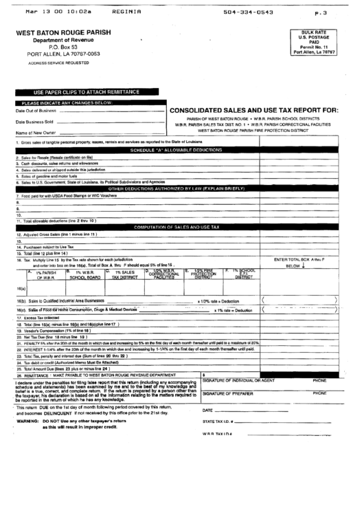 Consolidated Sales And Use Tax Report Form - Louisiana Printable pdf