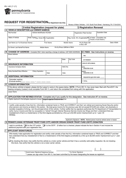 Fillable Form Mv-140 - Request For Registration - Pennsylvania Department Of Transportation Printable pdf
