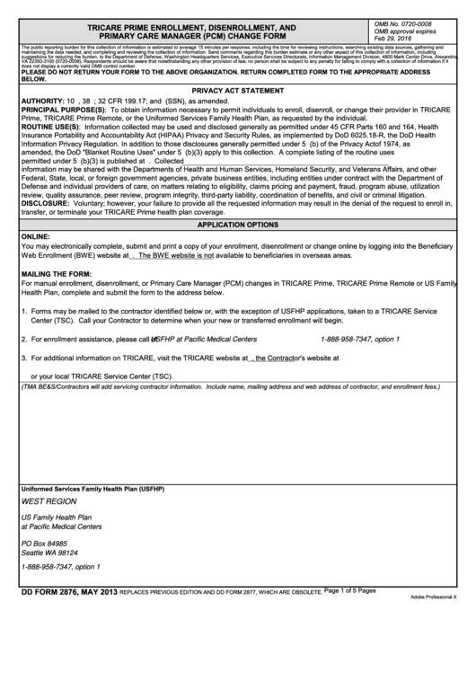 Fillable Dd Form 2876 Tricare Prime Enrollment Disenrollment And
