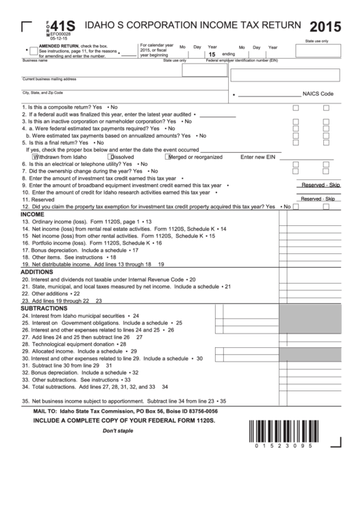 Fillable Form 41s - Idaho S Corporation Income Tax Return - 2015 Printable pdf