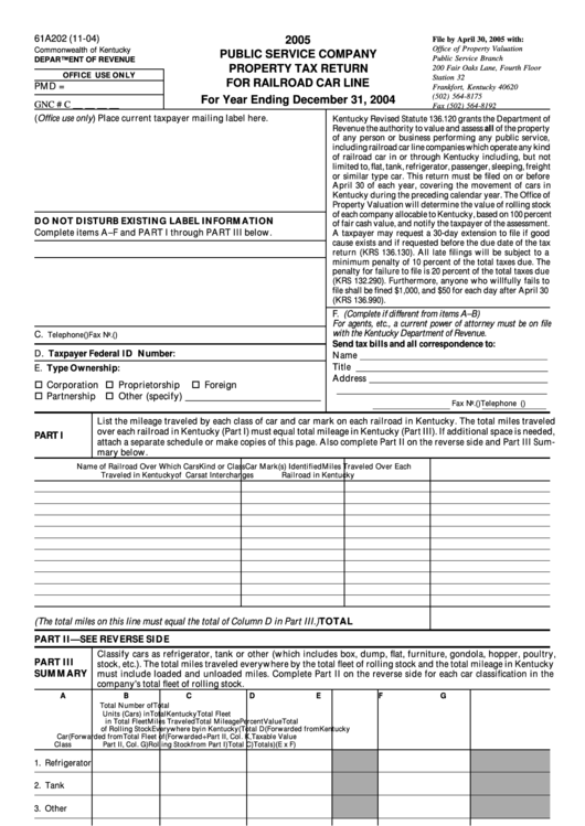 Form 61a202 - Public Service Company Property Tax Return For Railroad Car Line - 2005 Printable pdf