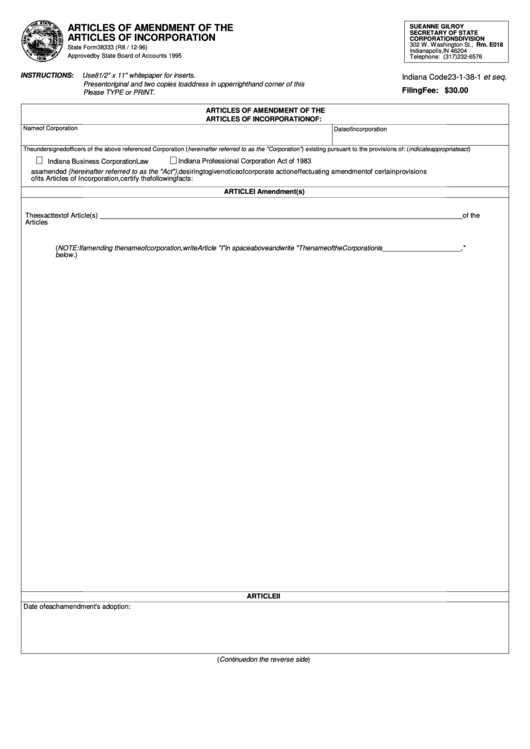 Fillable State Form 38333 - Articles Of Amendment Of The Articles Of Incorporation - 1996 Printable pdf